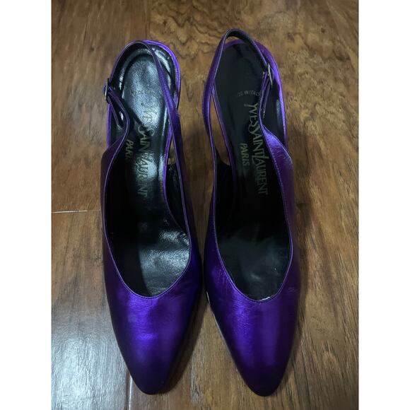 Vintage 90's YSL YVES ST. LAURENT Purple LEATHER Slingback Heels Shoes Pumps 8 - Picture 4 of 9